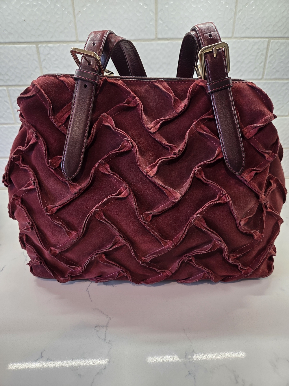 Cole Haan Sloane Smocked Suede Unit Tote Bag - Burgundy